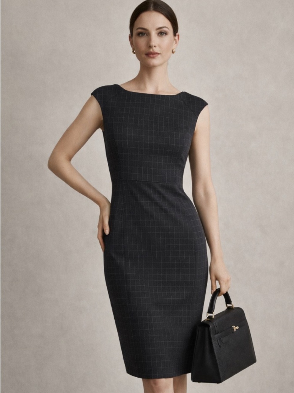 Banana Republic Gray White Windowpane Office Siren Sheath Midi Dress Size 00P